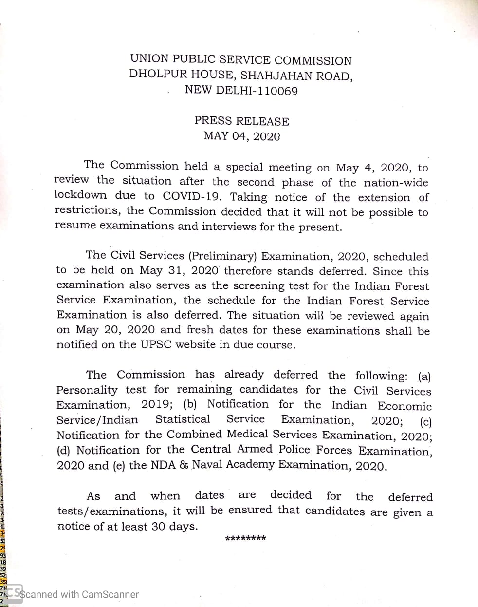 Civil Services and Other Exams Deferred...