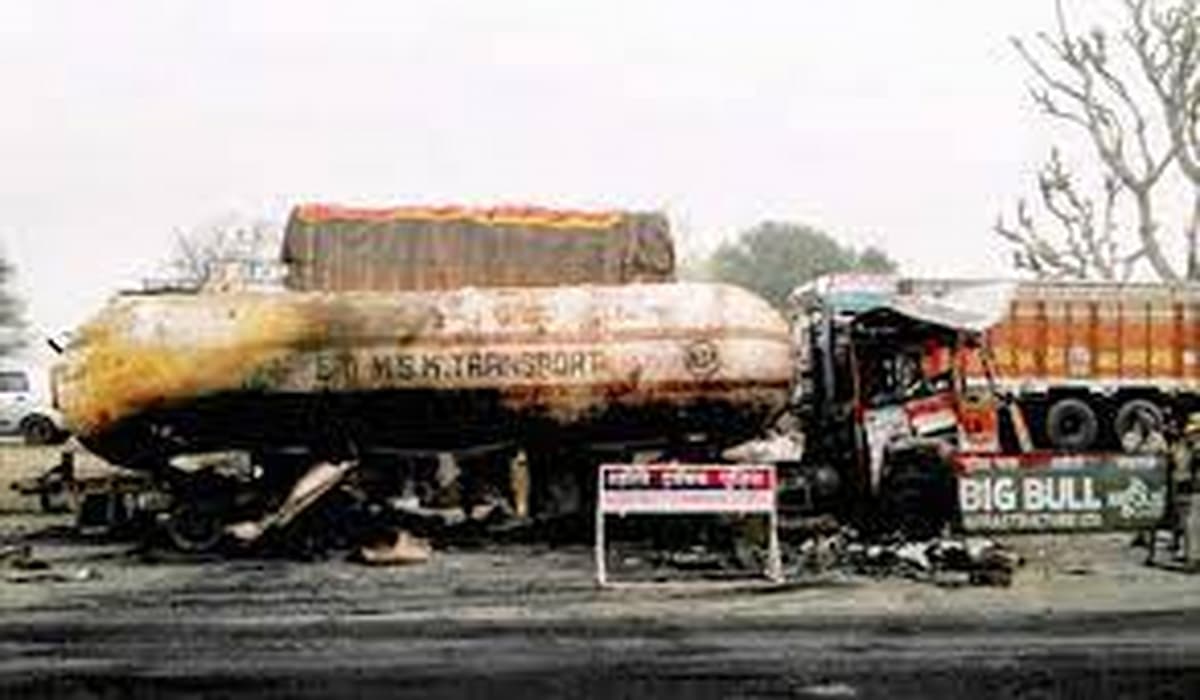 Truck Catches Fire After it Falls Down from Flyover at Jaipur Highway
