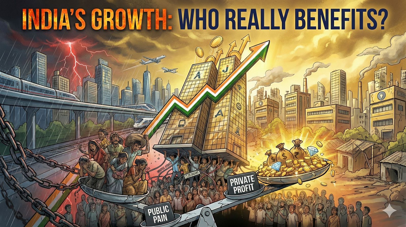 effects of monopoly on India's growth with the picture showing pain of people due to dependence on monopolies