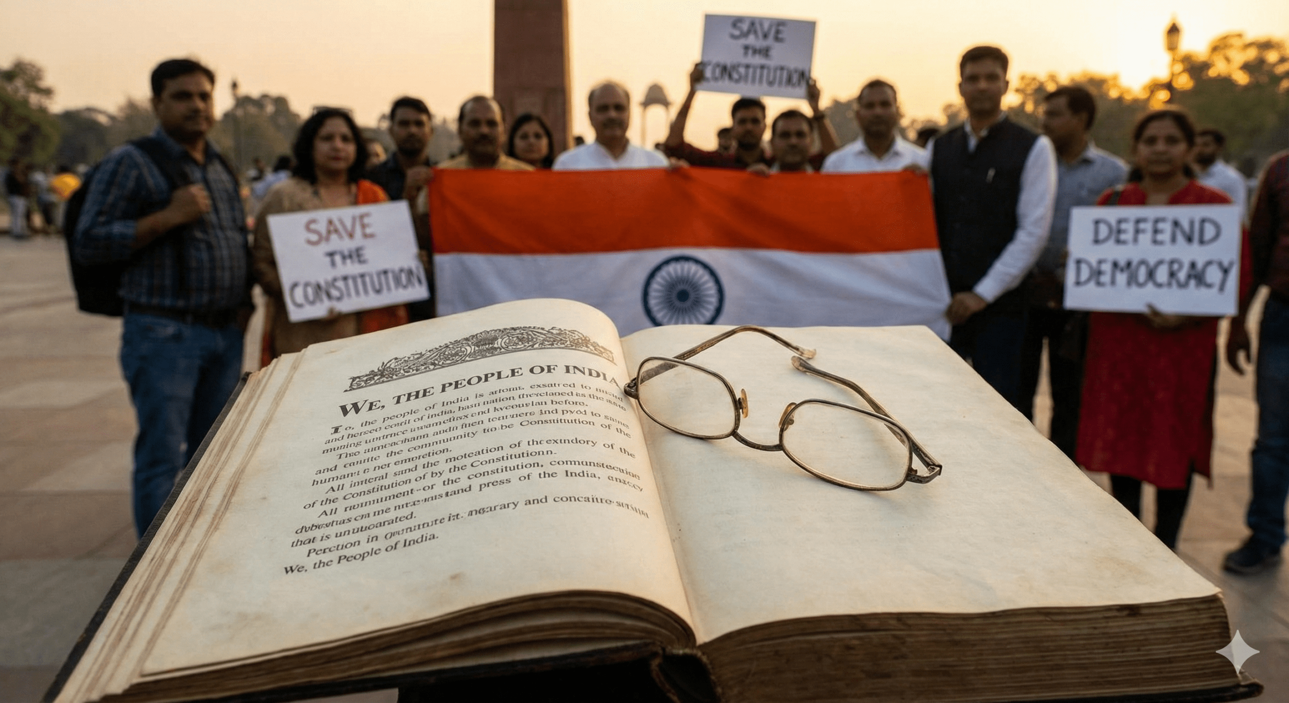 Cover photo showing people demanding to save the Constitution of the Republic of India